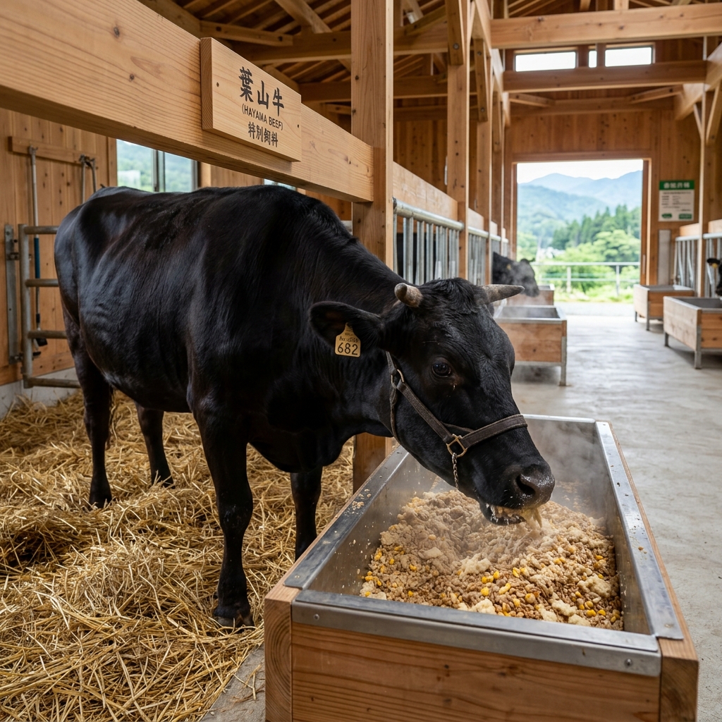 A Hayama Beef Cow Eating its Specialized Diet