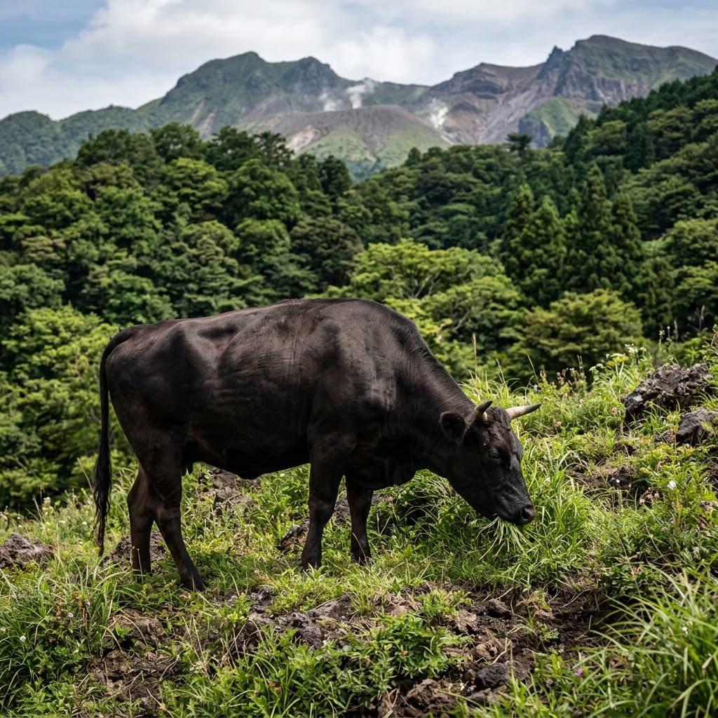 A Majestic, Muscular Ibusana Cow Grazing in Miyazaki's Volcanic Pastures