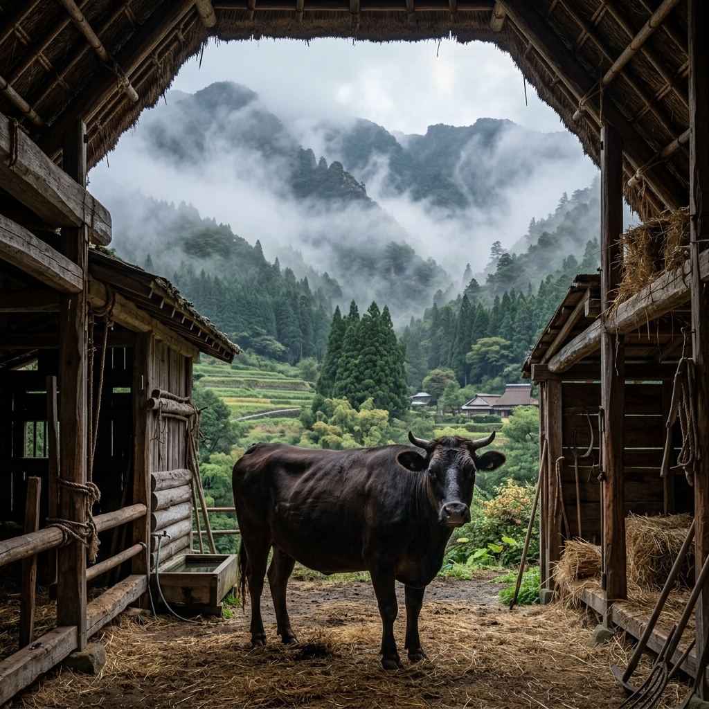 A Kumano Beef Cow in a Traditional Mountain Barn
