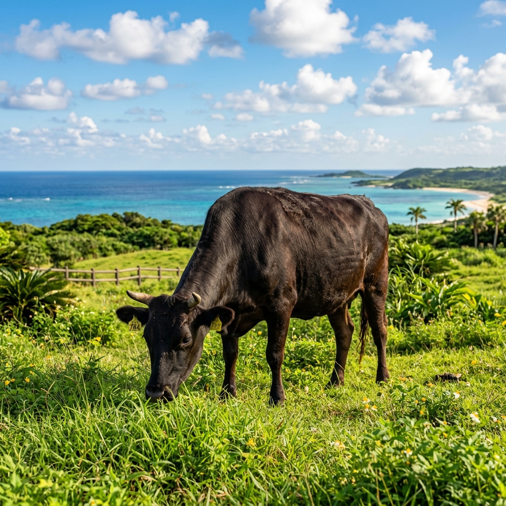 A Healthy Miyako Beef Cow Grazing in a Sun-Drenched Tropical Pasture
