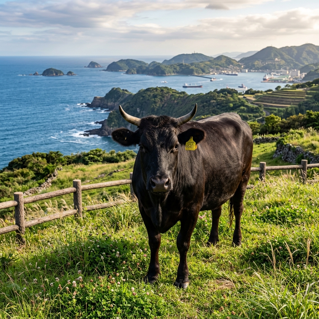 A Robust Nagasaki Wagyu Cow on a Coastal Pasture