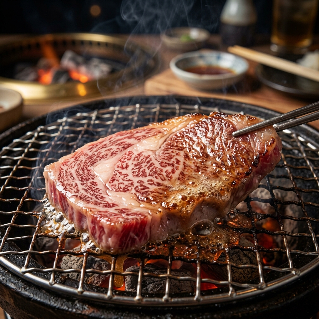 Yamagata Beef sizzling on a Yakiniku Grill