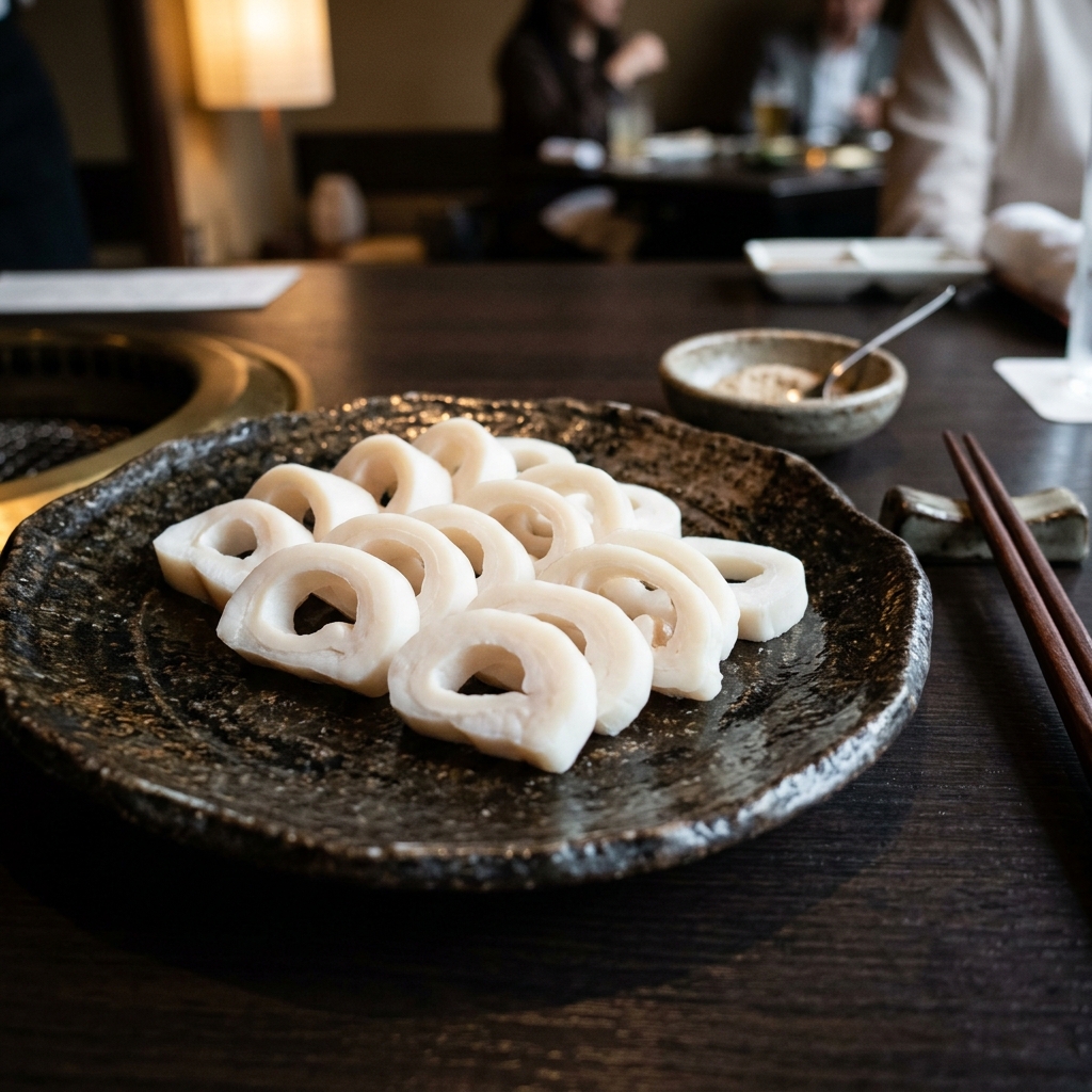 Clean, ivory-white Hatsumoto cuts arranged elegantly on a dark ceramic plate ready for grilling