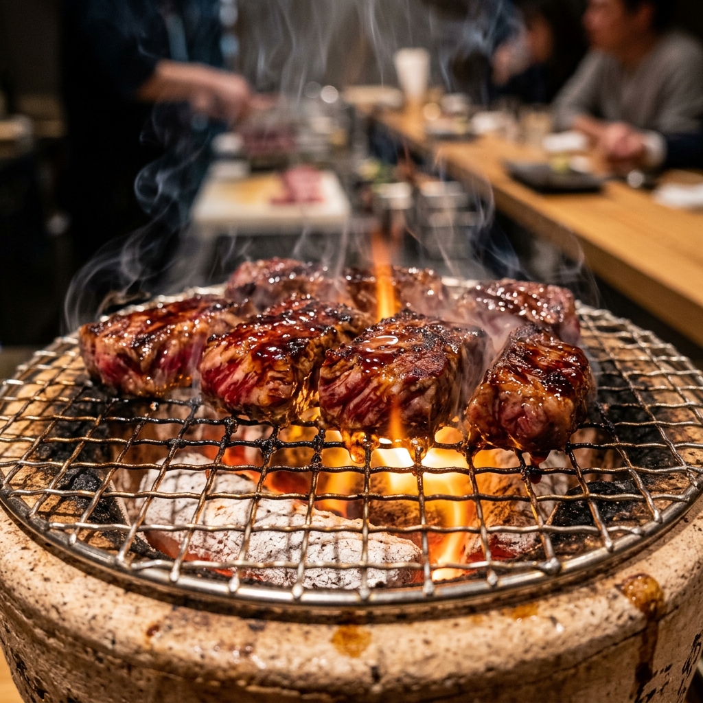 Sizzling Naka-Bara rib finger grilling over glowing Binchotan charcoal, dripping with rich caramelized Tare