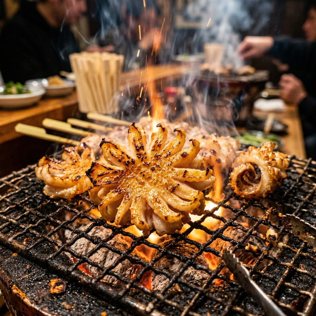 Beautifully Curled, Golden Crisp Special Mino Grilling over Charcoal