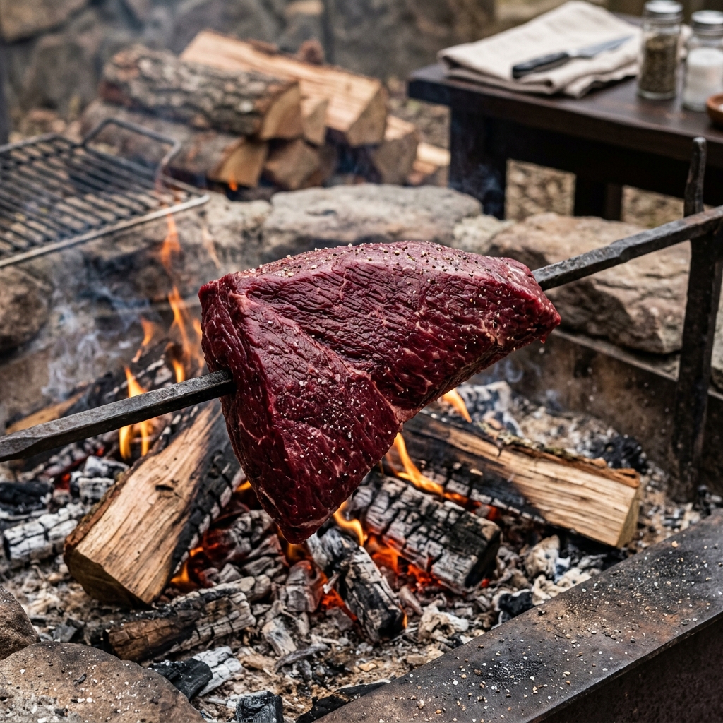 A Lean Block of Ibusana Tomo-Sankaku Roasting Over a Wood Fire