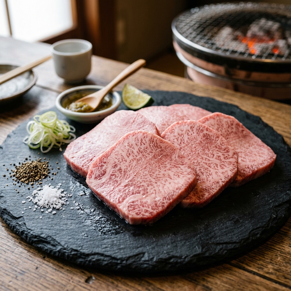 Beautifully Marbled Slices of Wagyu Tongue