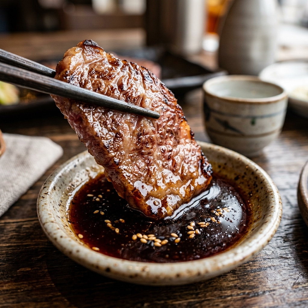 Dipping a Perfectly Grilled Slice of Wagyu into Rich Tare