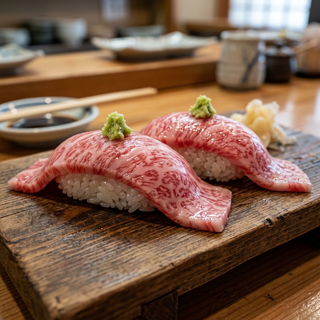 Beautifully Prepared Raw Wagyu Nigiri Sushi